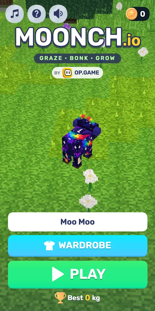 The Moonch.io main menu with the Play and Wardrobe buttons